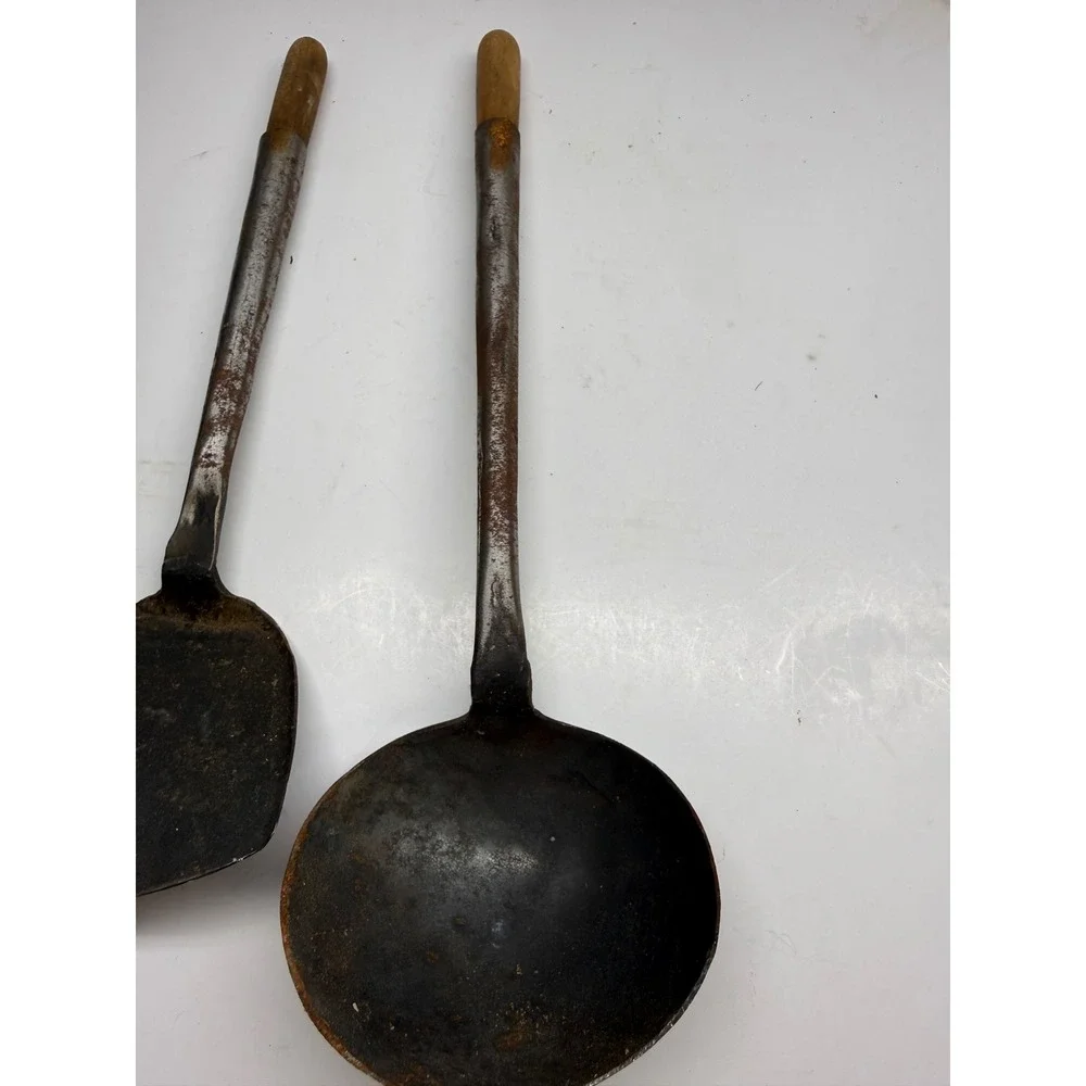 Antique Hand Forged Carbon Steel Wok Spatula and Ladle Set Wooden Handle Rustic